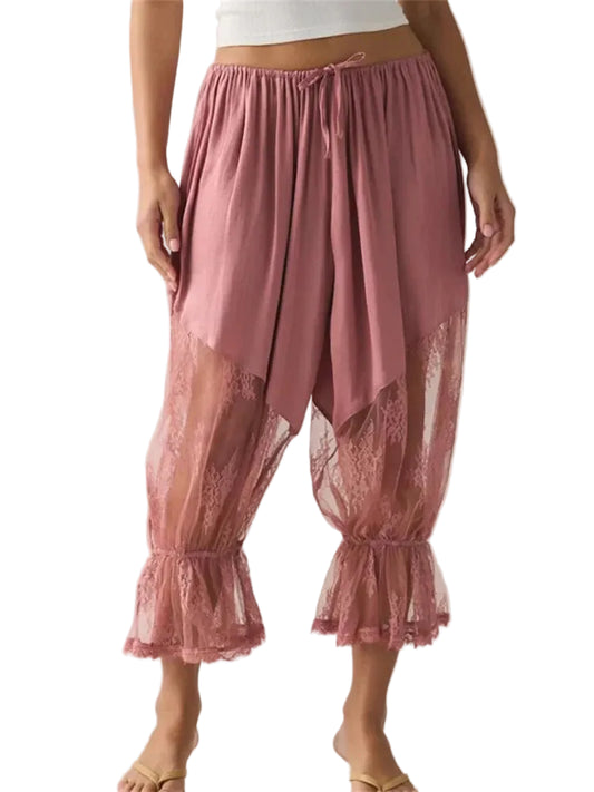 Women Loose Fit Bloomers Cropped Pants | High Waist | Floral Lace | Lantern Trousers