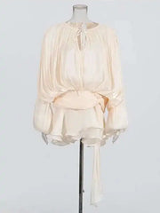 Women Flowy Mini Dress | V Neck | Long Sleeve | Spliced | Lace Up | Blouse Dress