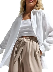 Women Long Sleeves Cotton Button Down Shirt | Solid Office Loose Crepe Shirt