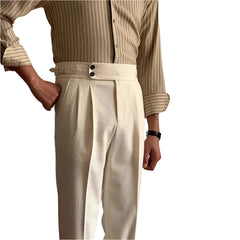 Men Old Money Waffle Pants | Vintage Belt-up High Waist Trousers | Breathable Pants | Solid Color
