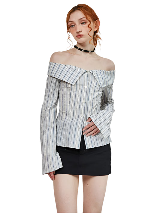 Women Off Shoulder Shirt | Blue White Stripes Long Sleeve Blouse