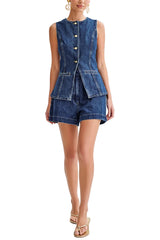 Women Summer Denim Vest | Denim Top | High Waist Wide Leg Shorts | Set