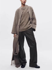 Women Winter Loose Knitted Coat with Scarf | Straight Cut | Long Sleeves | Warm Cardigan