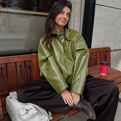 Woman Glossy Leather Two Piece Set | Leather Jacket | Straight Long Leather Skirt | Autumn | Stand Collar Zipper Jacket |
