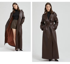 Women Extra Long Leather Trench Coat | Luxury Chic Overcoat | Autumn