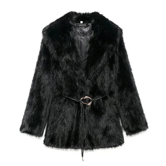 Women Fur Coat with Belt | Medium Long Coat | Long Sleeve | Loose Coat