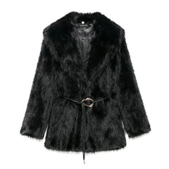 Women Fur Coat with Belt | Medium Long Coat | Long Sleeve | Loose Coat