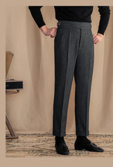 Men Vintage Wool Herringbone Pattern Pants | Casual | British | Warm | High Waist | Straight Pants