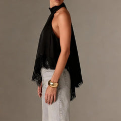 Women Asymmetrical  Lace Satin Top | Silk Vest | Draped Choker | Halter Neck | Cami