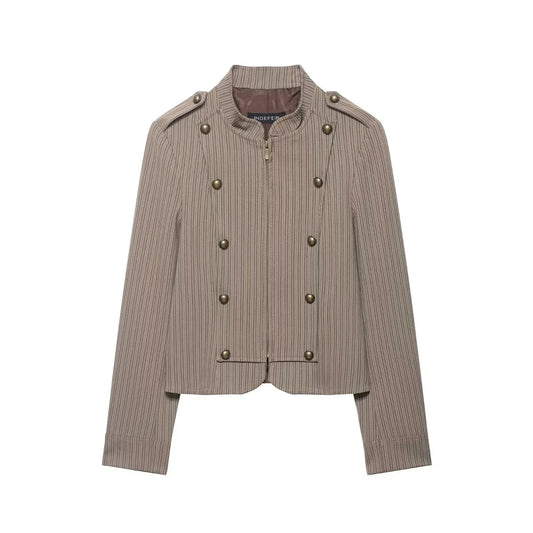 Women Short Coat | Spring | Striped Short Blazer | Long Sleeves | Napoleon Jacket