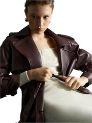 Women Burgundy Long Leather Jacket