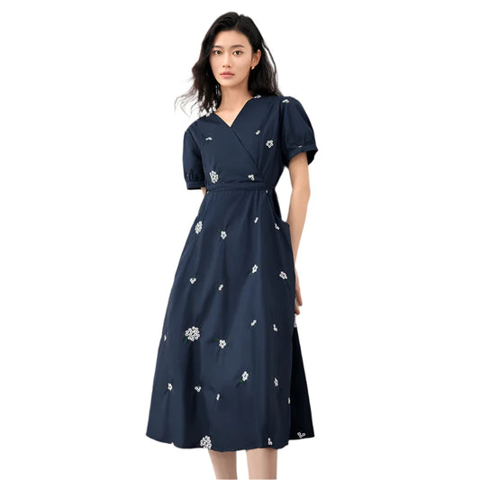 Women Embroidered Cotton Summer Dress | V-Neck Floral Dress