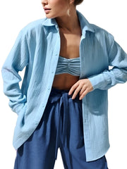 Women Long Sleeves Cotton Button Down Shirt | Solid Office Loose Crepe Shirt