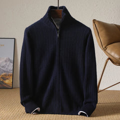 Men Merino Wool Stand-Up Collar Cardigan | Business Casual | Warm Zipper Jacket