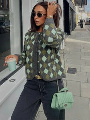 Women Vintage Argyle Sweater | Long Sleeve | Pockets | Knitted Cardigan