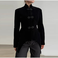 Women Napoleon Jacket | Black Velvet Tassel Jacket | Knot Button | Asymmetric Hem | Long Sleeve | Slim Fit | Elegant Coat