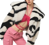 Women Cropped Zebra Fur Coat | Fluffy Big Collar Fur Short Jacket