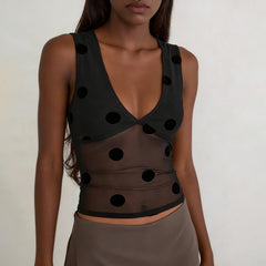 Women Polka Dot Sheer Mesh Top | Crop Top | Summer | Sleeveless | V Neck | Slim Fit Tank Top