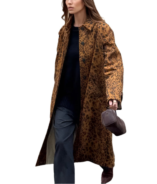 Women Leopard Print Long Coat | Single Breasted Trench Coat