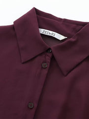 Women Burgundy Blouse | Lapel Bowknot Decorated Drape | Long Sleeve Slim Waist Shirt