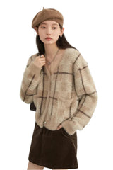 Women Knitted Plaid Cardigan | Knitted V-Neck Sweater