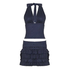 Women Polka Dot Set | Layered Ruffle Mini Skirt | Backless | V Neck | Halter Neck Top