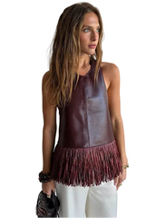 Women Vintage Leather Tassel Vest | Sleeveless | Backless | Halter Top