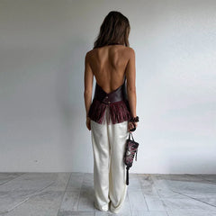 Women Vintage Leather Tassel Vest | Sleeveless | Backless | Halter Top