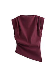 Women Asymmetric Sleeveless Cross Folds Top | Padded Shoulder Top