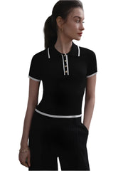 Women Knitted Short Sleeve Polo Shirt | Knit Sweater Ribbed Pullover