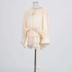 Women Flowy Mini Dress | V Neck | Long Sleeve | Spliced | Lace Up | Blouse Dress