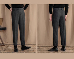 Men High-Waisted Woolen Pants | Herringbone | Italian Vintage Pants | Suit Pants |  Warm | Straight Fit