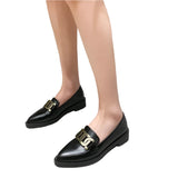 Women Leather Chain Mocassins Shoes | Woman Pointy Toe Oxford Shoes | Women Block Heel Loafers