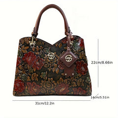 Women Vintage Flower Pattern Leather Handbag