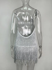 Women Deep V-Neck Dress | Spaghetti Strap | Fringe Bodycon Mini Dress | Tassels | Backless