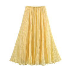 Women Crinkle A Line Midi Butter Yellow Skirt | Holiday | Summer Skirt | Elastic Waist