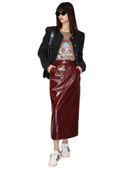 Women Shiny Reflective Leather Midi Skirt | High Waist Pencil Skirt