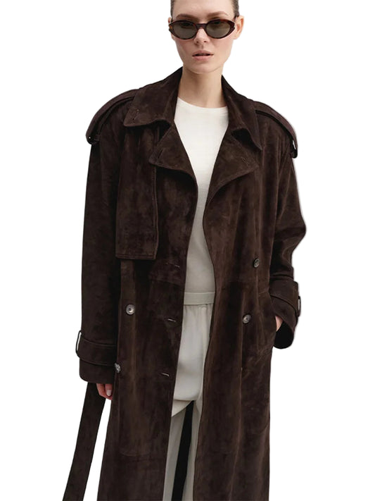 Women Suede Brown Long Coat | Suede Jacket With Belt