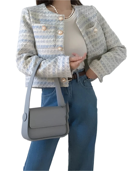 Women Elegant Tweed Jacket with Pocket | Vintage Tweed Short Coat | Loose Cardigan