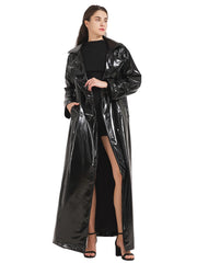 Women Black Shiny Leather Trench Coat | Luxury Designer | Floor Length | Glossy Leather Coat | Reflective | Soft Patent