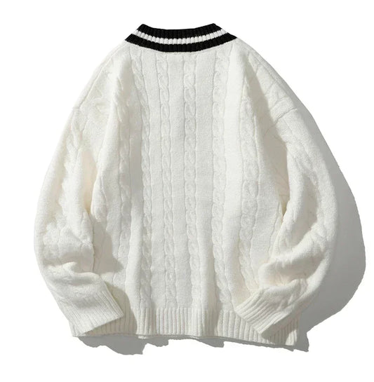 Men Knitted Ribbed Sweater | V-Neck Splicing Knit Pullover