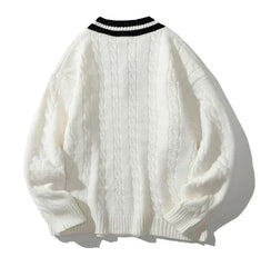 Men Knitted Ribbed Sweater | V-Neck Splicing Knit Pullover