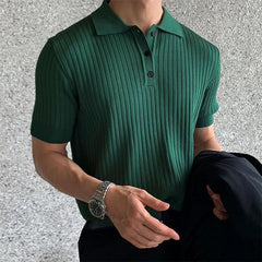 Men Retro Ribbed Polo Shirt | Knitted Short Sleeve Solid Polo T-shirt | Striped Knitwear