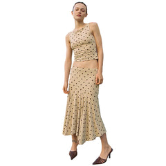 Women Polka Dot Long Skirt | Sleeveless Vest Top | Pleated Skirt Set | Office Dress Set