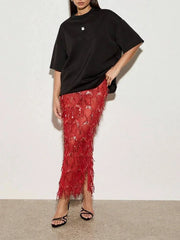Women Sequin Fringe Maxi Skirt | Midi Mesh Pencil Skirt