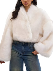 Women Cropped Patchwork Feathers Coat |  V-Neck Long Sleeve Open Stitch Short Fur Coat