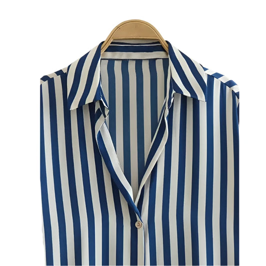 Women Satin V-Neck Blouse | Loose Button Down Top Long Sleeve | Casual Office Work Shirt