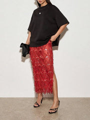 Women Sequin Fringe Maxi Skirt | Midi Mesh Pencil Skirt