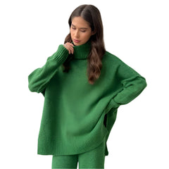 Women Knitted Turtleneck Sweater and High Waisted Trousers Set | Winter Casual Knitwear