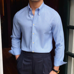 Men British Slim Shirt | Office Tuxedo Shirt | Business | Lattice Shirt | Cuban Collar | Long Sleeve Shirt